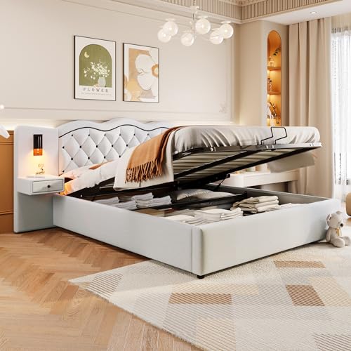 180 * 200cm Flaches Bett, gepolstertes Bett, integriertes Kopfteil, hydraulischer Hebemechanismus, USB-Anschluss, Zwei Nachttischlampen, großer Stauraum (Farbe beige) von Gelukueub