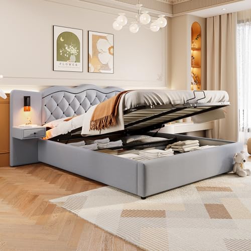 180 * 200cm Flaches Bett, gepolstertes Bett, integriertes Kopfteil, hydraulischer Hebemechanismus, USB-Anschluss, Zwei Nachttischlampen, großer Stauraum (Grau) von Gelukueub