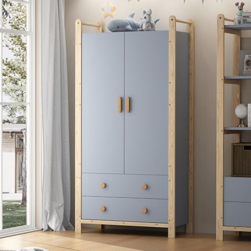 2-türiger Kleiderschrank, Kleiderschrank mit Kleiderstange, 2 Schubladen, für Schlafzimmer, Wohnzimmer, Flurgarderobe geeignet, aus Spanplatte, Blauer Körper + Kieferrahmen, 90×45×180cm 2-türiger Kleiderschrank, Kleiderschrank mit Kleiderstange, 2 Schubladen, für Schlafzimmer, Wohnzimmer, Flurgarderobe geeignet, aus Spanplatte, Blauer Körper + Kieferrahmen, 90×45×180cm von Gelukueub
