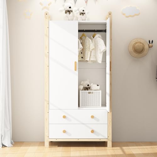 2-türiger Kleiderschrank, Kleiderschrank mit Kleiderstange, 2 Schubladen, für Schlafzimmer, Wohnzimmer, Flurgarderobe geeignet, aus Spanplatte, weißer Körper + Kieferrahmen, 90×45×180 cm 2-türiger Kleiderschrank, Kleiderschrank mit Kleiderstange, 2 Schubladen, für Schlafzimmer, Wohnzimmer, Flurgarderobe geeignet, aus Spanplatte, weißer Körper + Kieferrahmen, 90×45×180 cm von Gelukueub