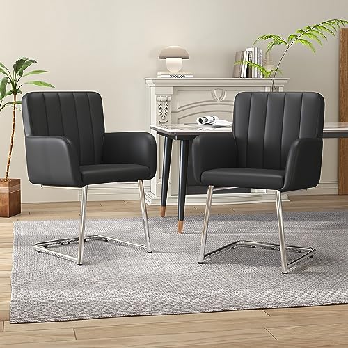 2er Set Esszimmerstühle mit vertikalen Streifen,Gepolsterter Sessel mit zickzackförmige Metallbeine,Lounge-Stuhl,Wohnzimmerstuhl,für Shlafzimmer,Arbeitzimmer und Schreibtisch,Kunstleder,Schwarz (2) von Gelukueub