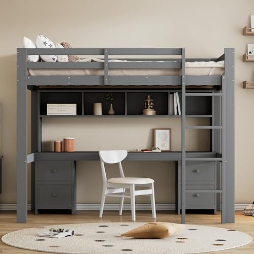 90 * 200cm Hochbett, Kinderbetten, Bett Oben, Tisch unten, Großer Stauraum, Hohes Geländer, Stabile Treppe (Grau) von Gelukueub