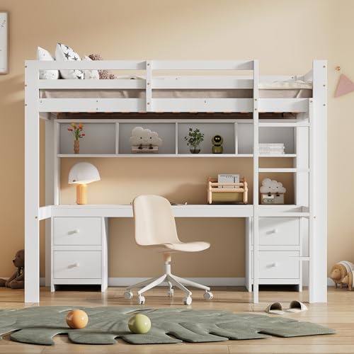 90 * 200cm Hochbett, Kinderbetten, Bett Oben, Tisch unten, Großer Stauraum, Hohes Geländer, Stabile Treppe (Weiß) von Gelukueub