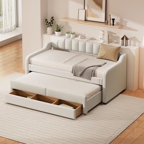 90 x 200 cm (190 cm), gepolstertes Einzel-Tagesbett mit Rollcontainer, Tagesbett mit Schubladen (Beige) von Gelukueub