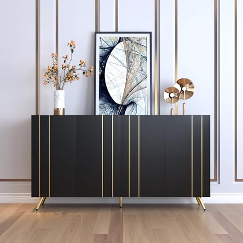 Beistellschrank, Hochschrank mit verstellbaren Einlegeböden und goldfarbenen Metallstreifen. von Gelukueub