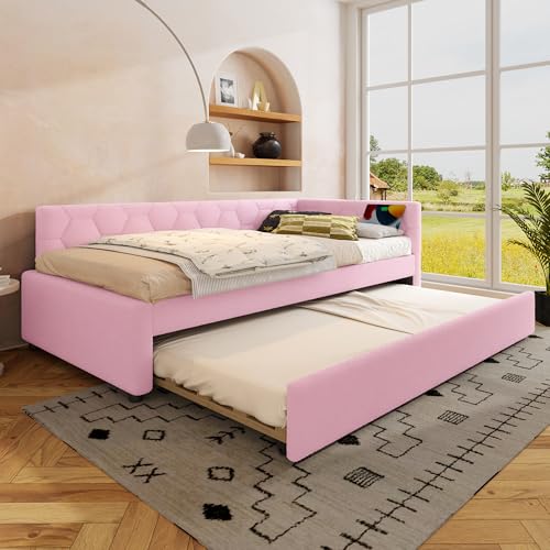 Daybett, Tagesbett, Schlafsofa, Bett mit Lattenrost (ohne Matratze), mit Nachttischlampe, mit multifunktionalem Ausziehbett, USB-Anschluss, Typ-C, Komfortmaterial, Vliesimitat (Rosa, 90*200cm) von Gelukueub