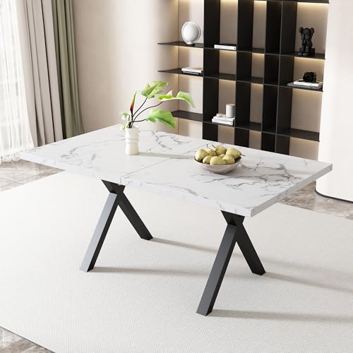 Design mit gekreuzten Beinen, rechteckiger Esstisch, Couchtisch, moderner, einfacher Esstisch aus Schmiedeeisen, L140*B80*H76cm,Marmorstruktur, Schwarz und Weiß Design mit gekreuzten Beinen, rechteckiger Esstisch, Couchtisch, moderner, einfacher Esstisch aus Schmiedeeisen, L140*B80*H76cm,Marmorstruktur, Schwarz und Weiß von Gelukueub
