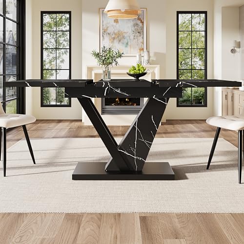 Esstisch Teleskoptisch (120-160*75cm), Tisch, Küchentisch, Ausziehtisch, mit Hilfe innenliegender Einlegeplatten auf 120-160cm ausziehbar, für Küche und Wohnzimmer, Esstisch mit schwarzem Marmormuster von Gelukueub