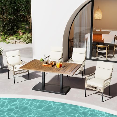 Esstisch und Stühle für den Außenbereich, 5-teiliges Set mit Tischplatte aus massivem Akazienholz und mit PE-Rattan umwickelten Stühlen für Mahlzeiten im Garten und auf der Terrasse. (White+Natural) Esstisch und Stühle für den Außenbereich, 5-teiliges Set mit Tischplatte aus massivem Akazienholz und mit PE-Rattan umwickelten Stühlen für Mahlzeiten im Garten und auf der Terrasse. (White+Natural) von Gelukueub