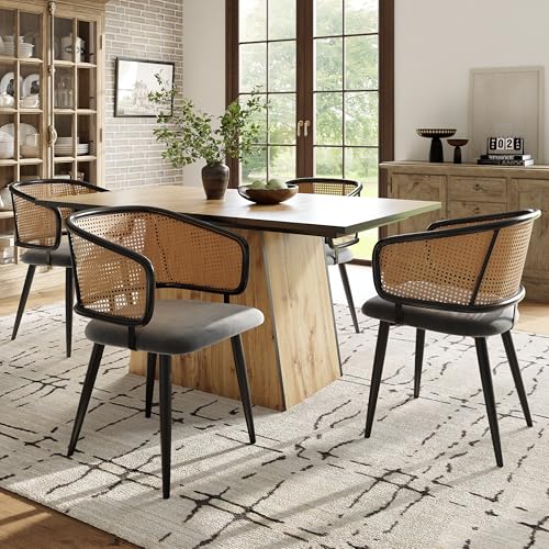 Esszimmerstühle mit Rattan-Rückenlehne, Sitzkissen aus Samt-Kissen, bequem und atmungsaktiv, moderner und einfacher Stil, geeignet für Restaurants, Wohnzimmer und Cafés (Grau 4 Stück) von Gelukueub