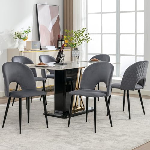 Esszimmerstuhl, Polsterstuhl Design Stuhl mit Rückenlehne,Sitzfläche aus Samt Gestell aus Metall,Verstellbare Füße,Diamantmuster auf der Rückseite,Grau (Grey 6 Stück) von Gelukueub