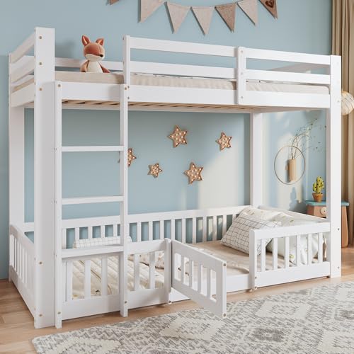 Etagenbett, Holzbett, Kiefer + LVL, mit rechtwinkliger Treppe, mit Geländer und Tür, mit Absturzsicherung, Freier Gestaltungsraum unter dem Bett, Weiß, 90x200cm Etagenbett, Holzbett, Kiefer + LVL, mit rechtwinkliger Treppe, mit Geländer und Tür, mit Absturzsicherung, Freier Gestaltungsraum unter dem Bett, Weiß, 90x200cm von Gelukueub
