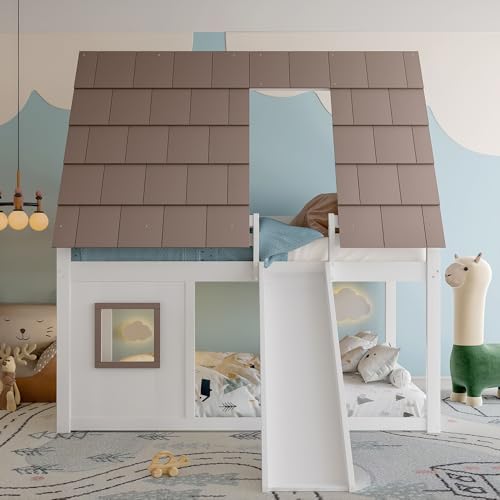 Gelukueub 140 x 200 Holzhaus-Etagenbett mit Dach, Leiter und Rutsche, Weiß+Braun Gelukueub 140 x 200 Holzhaus-Etagenbett mit Dach, Leiter und Rutsche, Weiß+Braun von Gelukueub