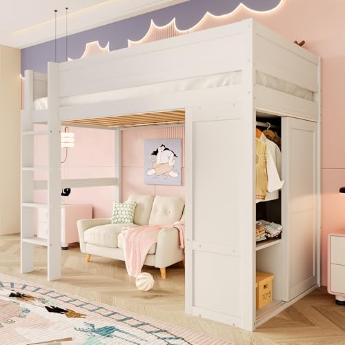 Gelukueub 90 * 200cm Hochbett, vielseitiges Kinderbett, ausgestattet mit Kleiderschrank, Staufach, offener Unterbettraum, ohne Matratze, Kiefernholz, weiß von Gelukueub
