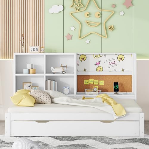 Gelukueub 90 * 200cm Schlafsofa mit ausziehbarem Bett, USB-Ladeanschluss, Zeichenbrett, mehrere Staufächer (Weiß) von Gelukueub