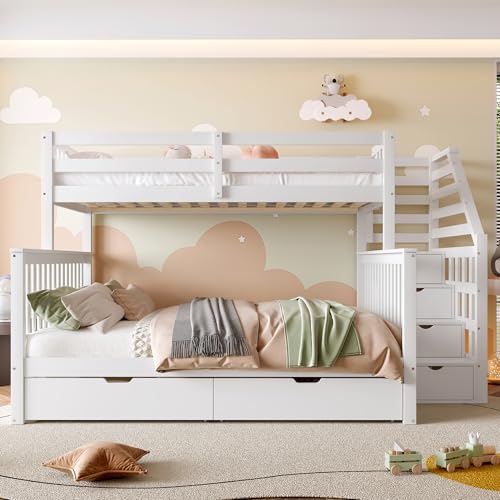 Gelukueub 90 x 200 über 140 x 200 Etagenbett mit Schubladen, Stauraum, ohne Matratze, multifunktional, weiß von Gelukueub