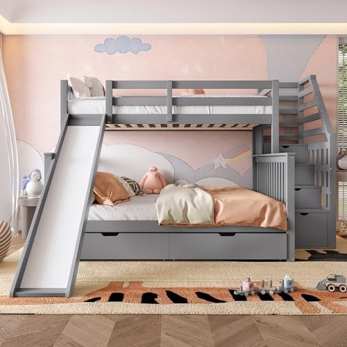 Gelukueub 90 x 200 über 140 x 200 Etagenbett mit Schubladen, Stauraum und Rutsche, multifunktional (Grau) von Gelukueub