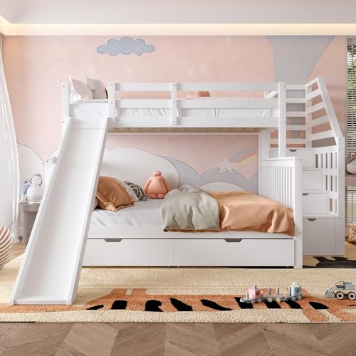 Gelukueub 90 x 200 über 140 x 200 Etagenbett mit Schubladen, Stauraum und Rutsche, multifunktional (weiß) von Gelukueub