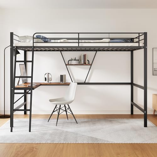 Gelukueub 90x200cm Bettgestell Metallbett, Eisenbett, Hochbett mit L-förmigem Schreibtisch und einem Regal für Kinder, Jugendliche und Erwachsene (schwarz) von Gelukueub