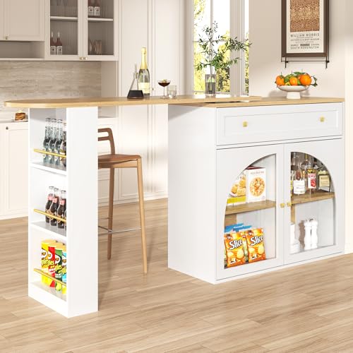 Gelukueub Ausziehbarer Bartisch mit Stauraum(138-204×39×104cm), 360° drehbare Essbar,Moderner Beweglicher Bar Table,Hochtisch Kücheninsel Bistro Table, Sideboardschrank mit Regalen und Glas (White) von Gelukueub