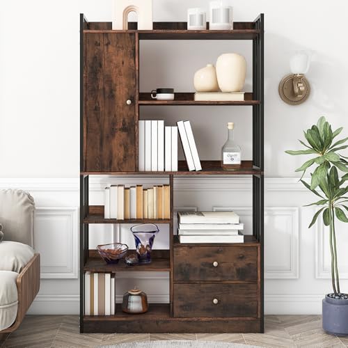 Gelukueub Bücherregal, 6 Regale, vertikale Regale mit Türen und Schubladen, Industrieregale, Stahlregale (antik braun) von Gelukueub