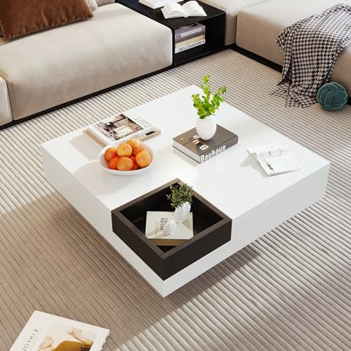 Gelukueub Couchtisch, Hochglanz-Wohnzimmertisch, Beistelltisch mit Abnehmbarer Aufbewahrungsbox, Farbblockweiß und Schwarz, 72 * 72 * 30 cm, Mit LED-Lichteffekt von Gelukueub