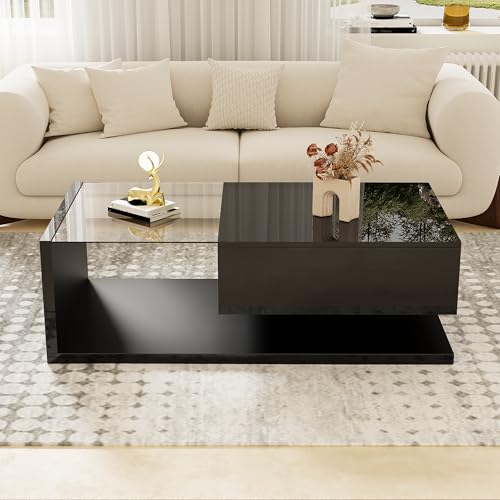 Gelukueub Couchtisch, Hochglanzschwarz. Beistelltische, Couchtische mit Glas und LED-Effekt von Gelukueub