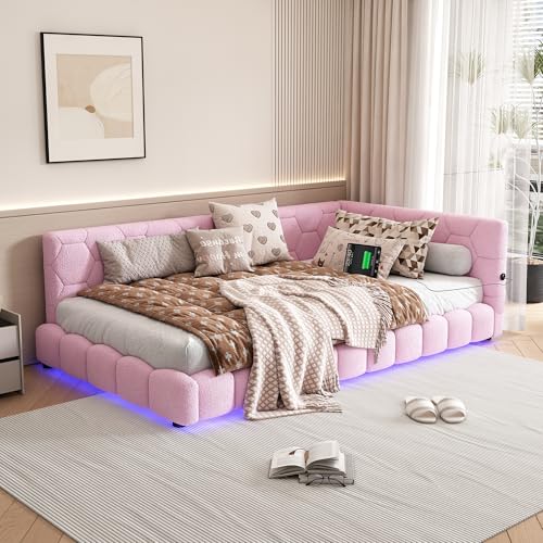 Gelukueub Daybett, 90 * 200cm Tagesbett, Schlafsofa, Bett mit Lattenrost(ohne Matratze), 16 Farben Umgebungslicht, USB-Anschluss,Typ-C, Bequemes Material, Vliesimitat (Rosa) von Gelukueub