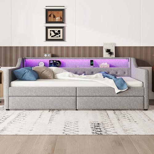 Gelukueub Daybett, 90 x 200cm, Schlafsofa, Tagesbett mit Lattenrost (ohne Matratze), Ambientelicht mit Fernbedienung, Bett mit Zwei Schubladen, USB-Ladebuchse, Linen von Gelukueub