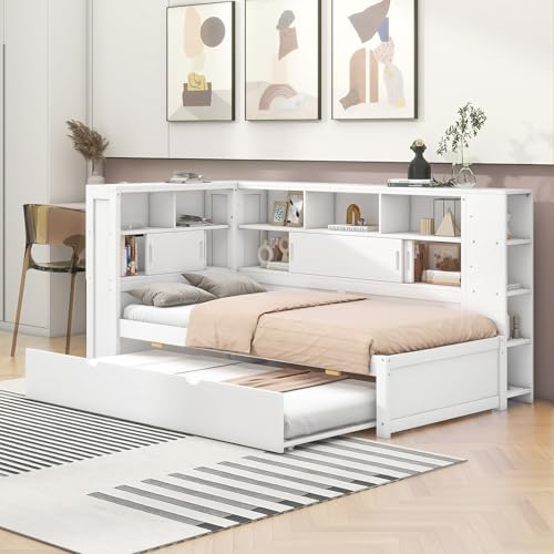 Gelukueub Daybett, 90x200cm(90x190cm), Kinderbett, Ohne Matratze, Tagesbett mit Ausziehbett, Schlafsofa mit Staufach mit USB,Spanplatte (Weiß) von Gelukueub