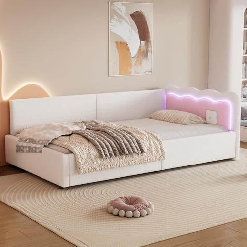 Gelukueub Daybett, Tagesbett, Schlafsofa, 90 * 200cm, LED-Umgebungslicht mit Fernbedienung, Bett mit Lattenrost (ohne Matratze), Vliesimitat (Weiß) von Gelukueub