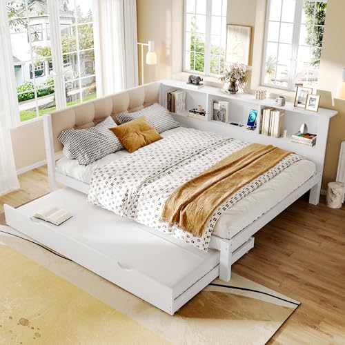 Gelukueub Daybett, Tagesbett, Schlafsofa, Einzelbett(Ohne Matratze), mit ausziehbarem Bett, mit dimmbarer LED-Leiste, mit praktischem Regal, mit USB-Anschluss, Kiefernholz, Weiß (140x200cm) von Gelukueub