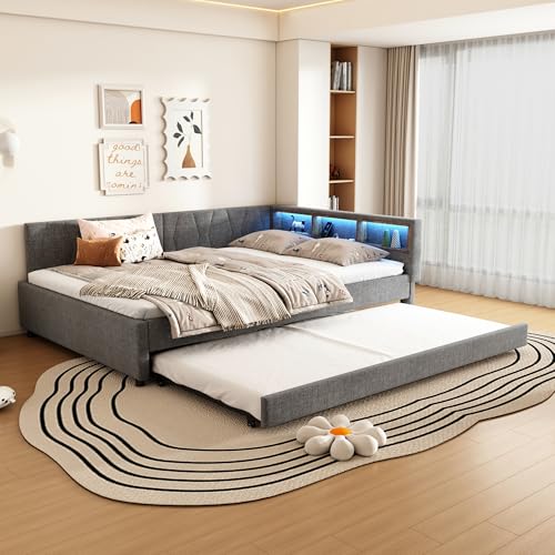 Gelukueub Daybett,140 * 200cm, Tagesbett, Schlafsofa, Ablagefach am Bett, USB+Typ C, Fernbedienung für LED-Umgebungslicht, mit ausziehbarem Bett, mit Lattenrost (ohne Matratze), Leinen (Grau) von Gelukueub