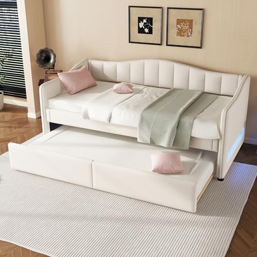Gelukueub Daybettt, 90x200cm Tagesbett mit ausziehbarem Bett, Schlafsofa, Einzelbett(Ohne Matratze), Ambiente-Licht-Design, Leinen, minimalistisches Styling (Beige) von Gelukueub