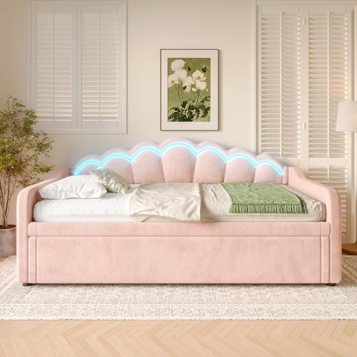 Gelukueub Daybettt, Tagesbett mit ausziehbarem Bett,Schlafsofa, Einzelbett(Ohne Matratze), Samt, farbwechselndes Umgebungslicht, Fernbedienung,minimalistisches Styling (Rosa, 180x200cm) von Gelukueub
