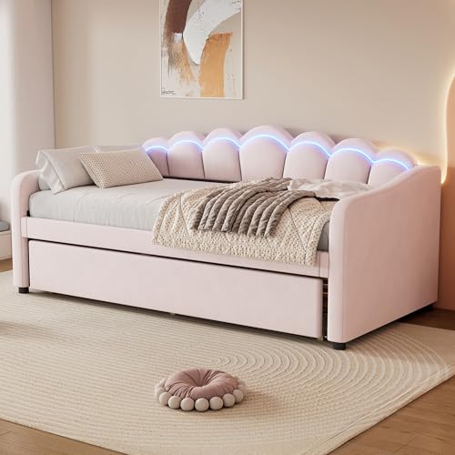 Gelukueub Daybettt, Tagesbett mit ausziehbarem Bett,Schlafsofa, Einzelbett(Ohne Matratze), Samt, farbwechselndes Umgebungslicht, Fernbedienung,minimalistisches Styling (Rosa, 90x200cm) von Gelukueub