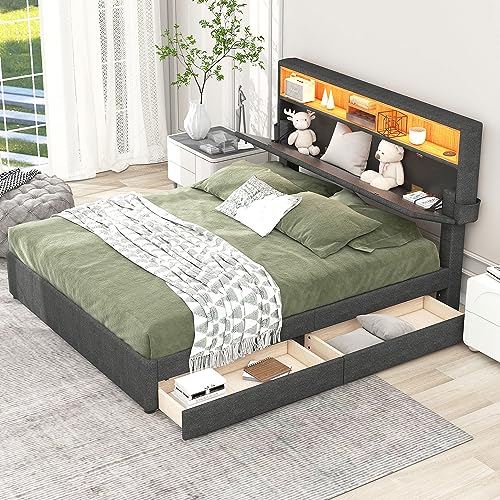 Gelukueub Doppelbett Polsterbett Stauraum-Kopfteil Bett mit Aufladen USB und LED-Beleuchtung, Funktionsbett mit Zwei Schubladen, Verstellbares Kopfteil, 140x200cm (Grau) von Gelukueub
