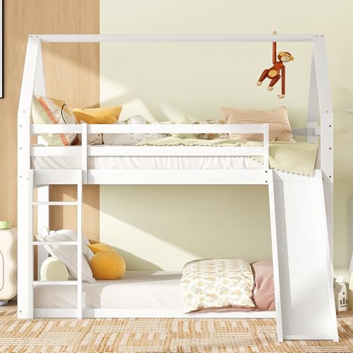 Gelukueub Einzelbett Kinderbett Hausbett Etagenbett mit Rutsche und Leiter (Weiß, 90x200cm) von Gelukueub