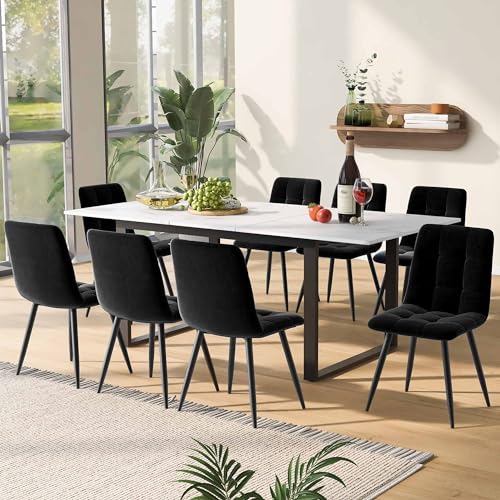 Gelukueub Essgruppe,(Set,140/180×80×75cm Esstisch), Moderner Küchentisch Set,Schwarz Samt Esszimmerstühle,MDF Tischplatte in Weißer,Schwarz Tischbeine (Schwarz 8 Stühle) von Gelukueub