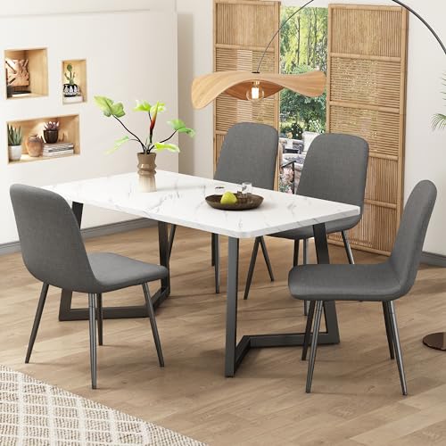 Gelukueub Essgruppe, (5-TLG),Esstisch mit 4 Stühlen Moderner Küchentisch Set, Esszimmerstühle in modernem Design mit Rückenlehne,Beine aus Metall,Graue Leinen (Schwarze Tischbeine) von Gelukueub