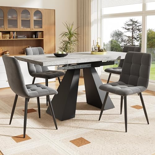Gelukueub Essgruppe (5-TLG),Esstisch-Set, Ausziehbares Esstischset für 4 Personen,160×80×75cm Esstisch mit 4 Esszimmerstühlen,Grauer Samt-Esszimmerstuhl (Grauer Tisch mit Säulenfüßen) von Gelukueub