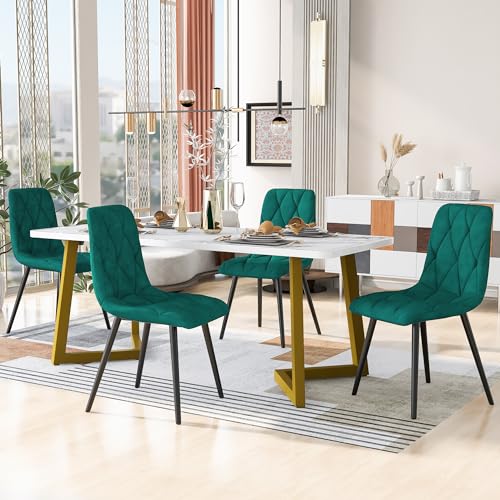 Gelukueub Essgruppe (5-TLG),Esstisch mit 4 Stühlen Set, Moderner Küchentisch Set, MDF Tischplatte in Weißer,Dunkelgrün Samt Esszimmerstühle (Gold, 117×68cm) von Gelukueub