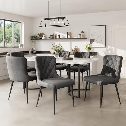 Gelukueub Essgruppe (7-TLG),140x80cm Esstisch mit 6 Stühlen Set, Moderner Küchentisch Set,Schwarze Eisenstuhlbeine (Dunkelgrau Esszimmerstuhl) von Gelukueub