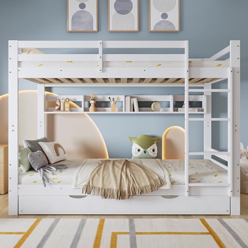 Gelukueub Etagenbett, Kinderbett, Ausziehbares Bett mit Rollen, Mit mit Einer Reihe von 2 Meter Langen Regalen, Stabile Bettlatten und Leiter, Kiefer + MDF+ Sperrholz, Weiß, 90x200cm Gelukueub Etagenbett, Kinderbett, Ausziehbares Bett mit Rollen, Mit mit Einer Reihe von 2 Meter Langen Regalen, Stabile Bettlatten und Leiter, Kiefer + MDF+ Sperrholz, Weiß, 90x200cm von Gelukueub