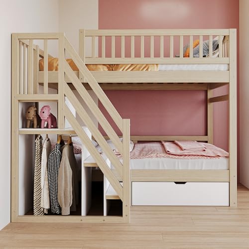Gelukueub Etagenbett Aus Massivholz 90 * 200 cm, Mit Hohem Sicherheitsgitter, Mit Lattenrost, Sicherheitsleiter mit Stauraum, Mit Stauschubladen, Kinderbett Jugendbett, Holzfarbe von Gelukueub