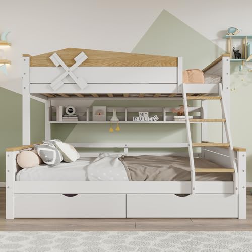 Gelukueub Etagenbett mit Windmühle, mit Regalen, Kinderbett, mit farblich abgesetztem Fallschutzgitter, mit vierstufigen Schrägleiter und Schubladen, Kiefer+MDF, Weiß+Natur, 90x200cm&140x200cm Gelukueub Etagenbett mit Windmühle, mit Regalen, Kinderbett, mit farblich abgesetztem Fallschutzgitter, mit vierstufigen Schrägleiter und Schubladen, Kiefer+MDF, Weiß+Natur, 90x200cm&140x200cm von Gelukueub