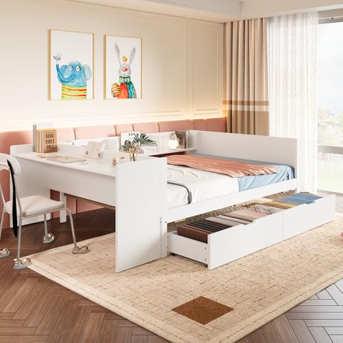 Gelukueub Flachbett, Holzbett, mit Schreibtisch, ausgestattet mit 2 Schubladen, Einzelbett(Ohne Matratze), mit Regalen, Kiefer+Spanplatte (weiß, 140x200cm) von Gelukueub