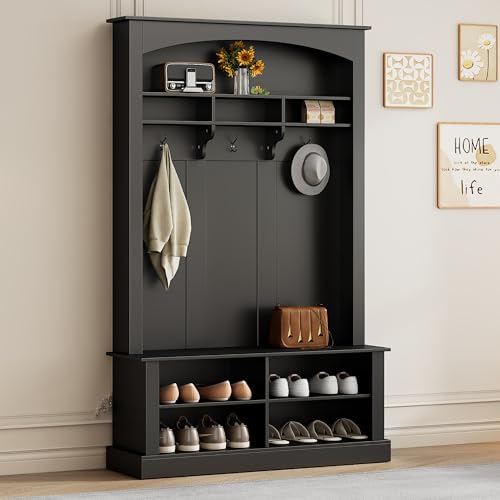 Gelukueub Garderobenset mit Bank und Schuhablage, multifunktionale Ablagebank mit 3 Haken, rechteckige Ablage und Regalgarderobe für Flure, schwarz, H190/B120/T40 cm Gelukueub Garderobenset mit Bank und Schuhablage, multifunktionale Ablagebank mit 3 Haken, rechteckige Ablage und Regalgarderobe für Flure, schwarz, H190/B120/T40 cm von Gelukueub