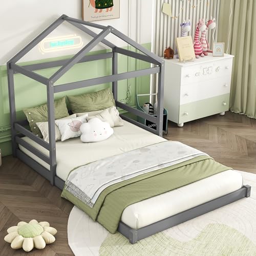 Gelukueub Hausbett, 140 x 200 cm, Kinderbett in Hausform mit Lattenrost (ohne Matratze), Kiefernholz, Minimalistischer Stil (Grau) von Gelukueub