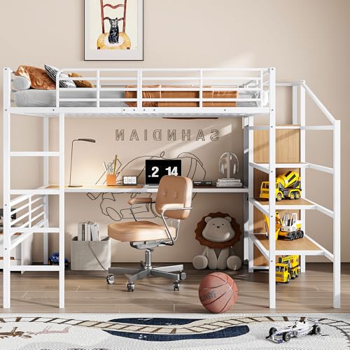 Gelukueub Hochbett, 140 * 200cm, Ohne Matratze, Schreibtisch, offener Kleiderschrank, Stufentreppe zur Aufbewahrung, Eisenrahmen, Weiß von Gelukueub